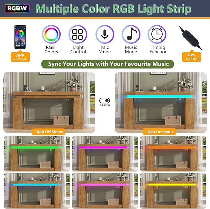 Loomie 63" Long Console Table with LED Lights & Power Outlet, 2-Tier Farmhouse Sofa Table Behind Couch with Storage, Narrow Entryway Tables with Heavy Duty Base for Living Room, Hallway (Natural)
