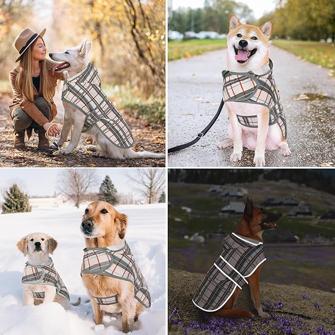 Dog Rain Coat for Large Dogs Waterproof Hooded Rain Jacket with Reflective Strips Leash Hole & Poncho Adjustable Fit (Plaid,XXL)