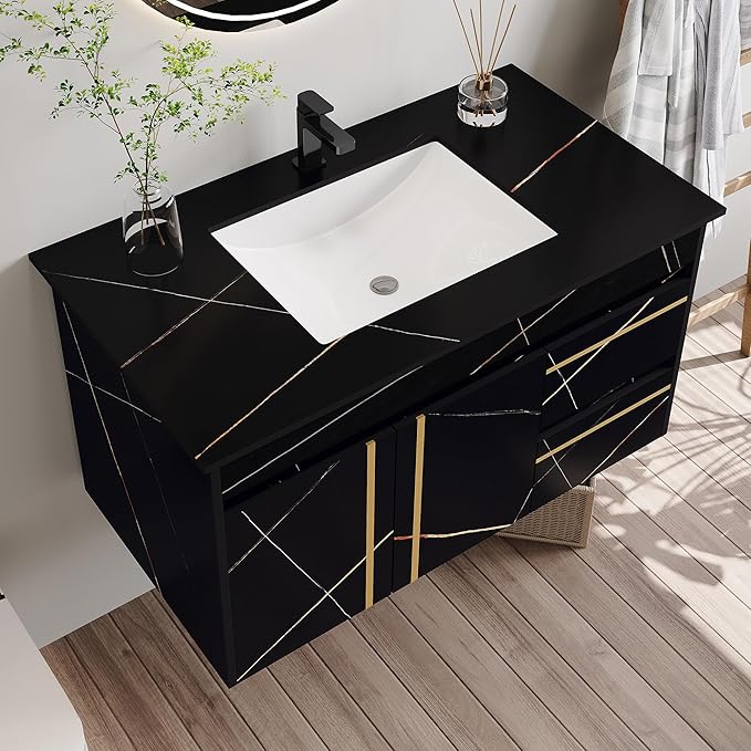 Goujxcy 35.4" Wall Mounted Bathroom Vanity with Sink, Modern Floating Bathroom Cabinet with Ceramic Sink & 2 Drawers, Wood Hanging Bath Room Cabinet with Soft-Close System (Black)