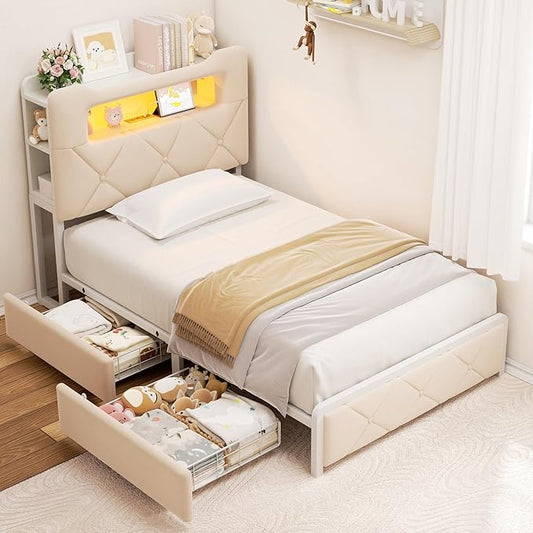 Twin Upholstered LED Bed Frame with 2 Storage Drawers and 2-Tier Storage Bookcase Headboard, Velvet Princess Platform Bed for Kids/Girls/Boys, Heavy Duty Metal Support, No Box Spring Needed, Beige