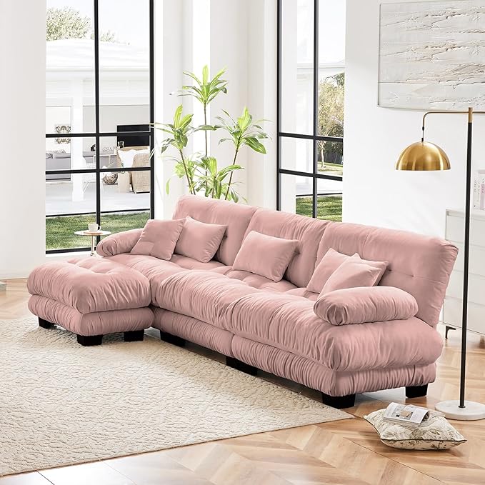 133.8" Oversized Couch, 3 Seater Modular Sectional Sofa, Pink Large L Shaped Sectional Fluffy Couch Set, Chenille Cloud Couch with Ottoman, Deep Seat Sofas for Living Room