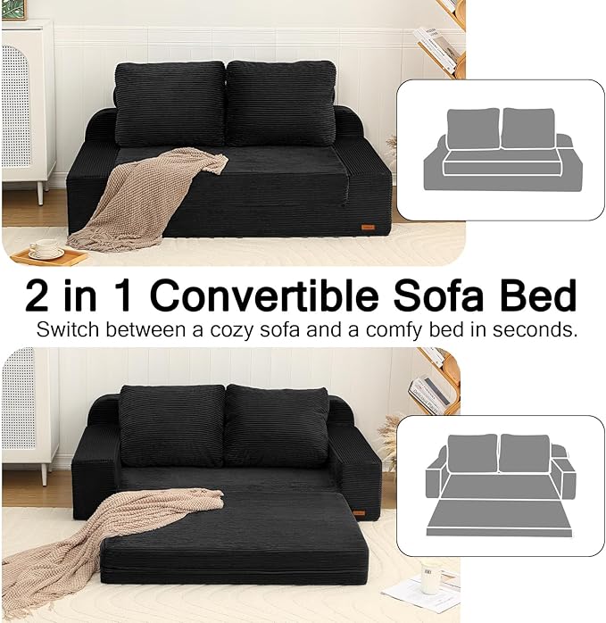 COMAX Convertible Sofa Bed Queen, Folding Floor Couch Corduroy Fold Out Couch Bed Sleeper Mattress with Back Pillows, Boneless Pull Out Loveseat Comfy Futon Lounge for Living Room Bedroom, Black