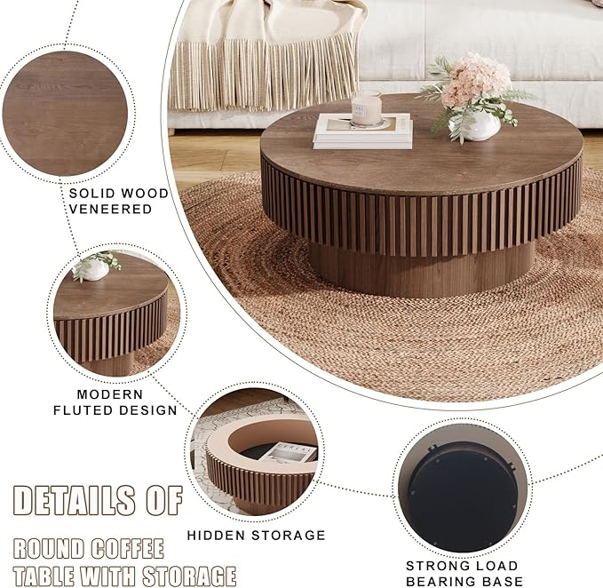 31.5'' Small Round Coffee Table with Storage, Fluted Coffee Table with Solid Wood Veneered, Mid Century Modern Wooden Center Table, Accent Tea Table for Small Space Living Room Apartment, Walnut