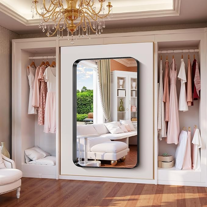 FORBATH 60x36 Inch Large Bathroom Mirror for Double Sinks, Brushed Black Deep Frame Wall Mirror with Rounded Corners, Anti-Rust Tempered Glass for Modern Farmhouse Vanity (Horizontal/Vertical)