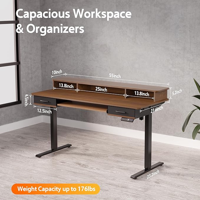 55 Inches Electric Standing Desk with Keyboard Tray, Height Adjustable Sit to Stand Table with 2 Drawers, Ergonomic Home Office Desk with Storage Shelf, Computer Table, Black Walnut