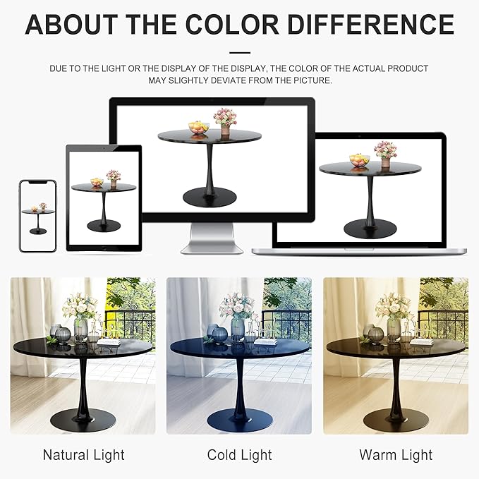 DKLGG Black Round Dining Table, 42.1" Tulip Table Kitchen Dining Table 4-6 People with MDF Top & Pedestal Base, Mid-Century End Leisure Coffee Office Living Room Table
