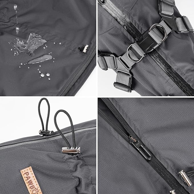 Dog Raincoat with Harness for Medium and Large Dogs, Adjustable Waterproof Dog Rain Jacket,Reflective Rainproof Puppy 4 Legs Raincoat-Grey,3XL