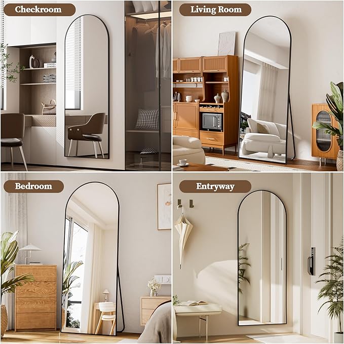 Arched Full Length Mirror - 65 x 24 inch Full Body Floor Mirror, ShatterVue Tempered Glass, Standing, Leaning, Wall Mounted for Living Room, Bedroom, Black