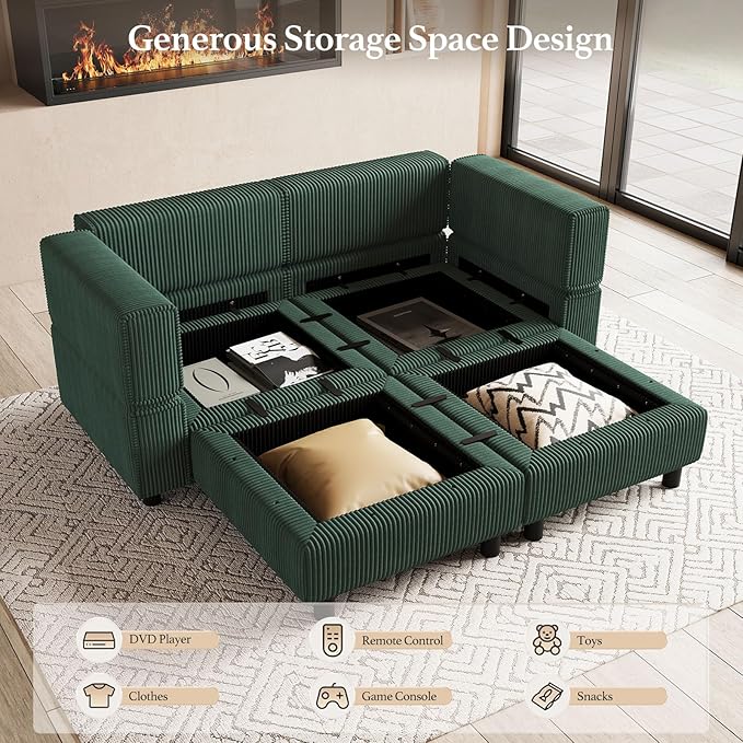 63" Modular Sectional Sofa with Storage Seat,Corduroy Sectional Couch Convertible 4 Seat Modular Sleeper Sofa Couch with Movable Ottoman Chaise,Comfy Sectional Couches for Living Room,Green
