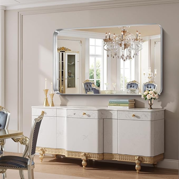 FORBATH 60x36 Inch Large Bathroom Mirror for Double Sinks, Brushed Silver Deep Frame Wall Mirror with Rounded Corners, Anti-Rust Tempered Glass for Modern Farmhouse Vanity (Horizontal/Vertical)