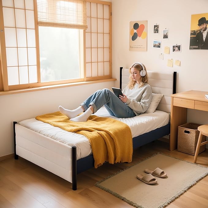 Hokway Bed Frame Upholstered Platform Bed with Headboard Wooden Slat Support No Box Spring Needed(Twin, Beige)