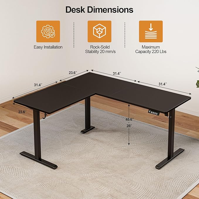 Grandder 63 x 55 Inch L Shaped Standing Desk, Electric Height Adjustable Corner Stand Up Desk, Sit Stand Corner Table Home Office Table, Black Top Black Frame