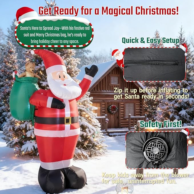 8 FT Christmas Inflatable Santa Claus Outdoor Decorations - LED Lights, Waterproof & Durable Inflatable Xmas Yard Decor for Lawn, Garden, Patio & Outdoor Christmas Inflatables