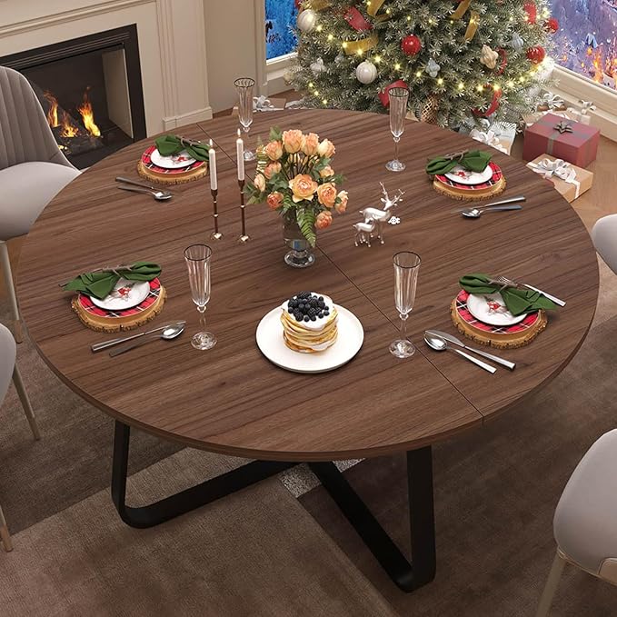 LVB Round Dining Table, Modern Wood Metal Kitchen Tables, Industrial Small Dinner Room Table for 4 to 6 People, Circle Coffee Dining Room Tables for Home Kitchen Living Room, Walnut, 51 Inch