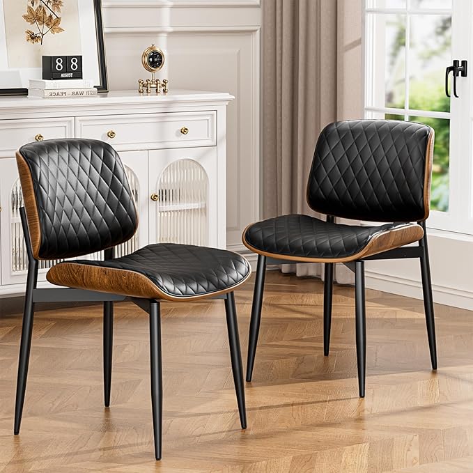 Dining Chairs Set of 8, FSC Certified Mid Century Modern Accent Dining Room and Kitchen Chairs, Upholstered PU Leather Diamond Check Chairs with Walnut Bentwood and Metal Legs, Black