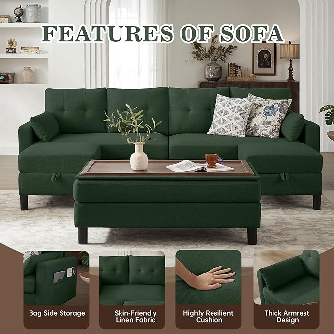 101" Convertible Sectional Sofa with Ottoman Coffee Table, Modern Linen Fabric U-Shaped Couch with Storage Pocket, 4 Seat Sofa Couches for Living Room, Apartment, Office, Green