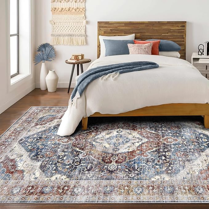 Rugs 5x7 Washable Rug, Non Slip Large Rug for Living Room Bedroom Dining Room, Low-Pile Kid & Pet Friendly Distressed 5x7 Carpet Print Floor (Border Brown/Navy Blue)