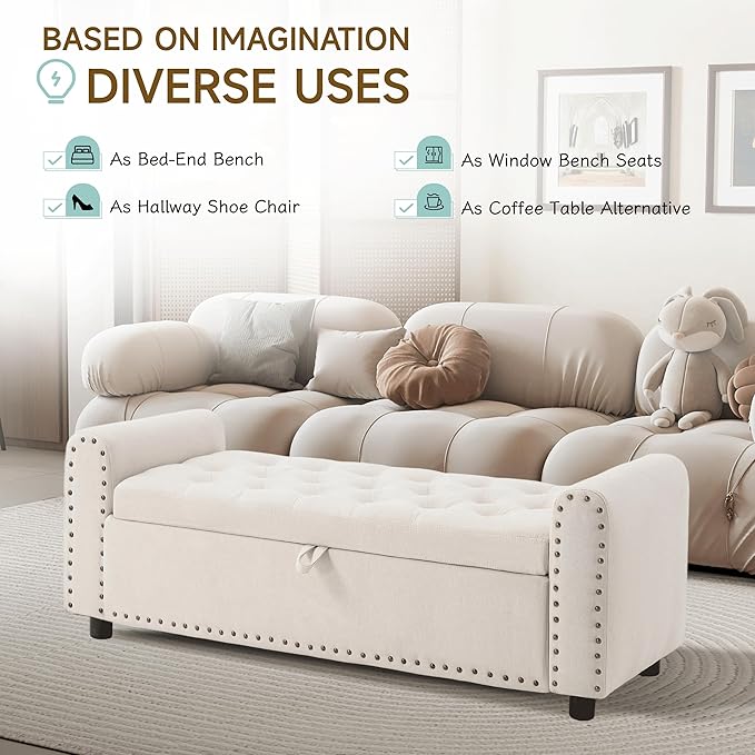 Ottoman with Storage, Tufted Storage Bench for Bedroom, 48" Fabrics End of Bed Bench, Upholstered Entryway Shoe Benches with Rolled Arm & Inner Zipper, Window Ottomans Chest with Rivets, Beige