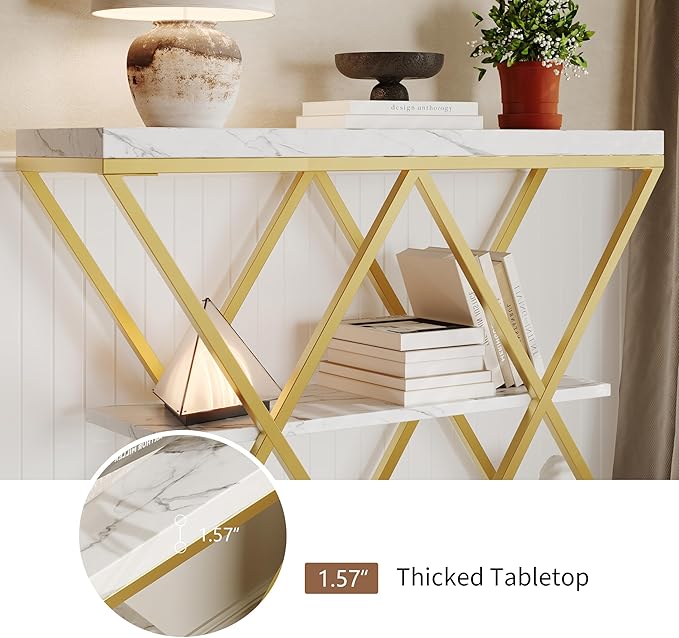 Garvee 3-Tier Entryway Table, Industrial Console Sofa Table with Storage, Accent Table with Open Shelves, X-Shaped Metal Frame, Foyer Table for Entryway, Hallway, White