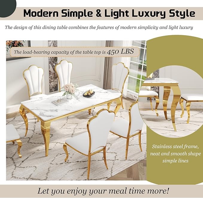Dining Table Set for 6, 7-Piece Kitchen Table Chairs Set, Modern Dining Room Set with 70'' Marble Dinner Table and 6 Petaloid Backrest Upholstered Chairs for Kitchen, White & Gold