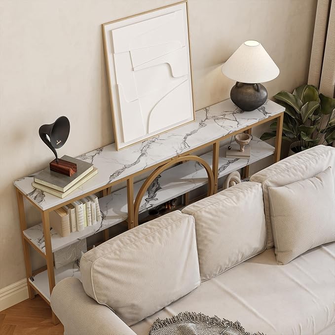 66.9-Inch Sofa Tables Narrow Long, 3 Tier Extra Tall Console Table Industrial Behind Couch Table Gold Large Console Tables for Living Room, Entryway, Hallway (White+Champagne Gold)