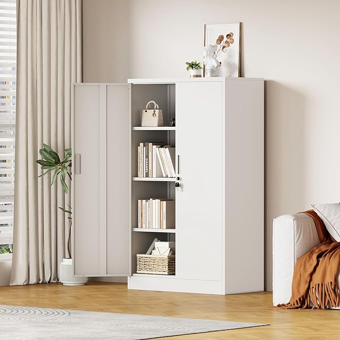 Metal Storage Cabinet with Locking Doors and 3 Adjustable Shelves, Lockable Storage Cabinets for Home Office Garage Kitchen Pantry (White)