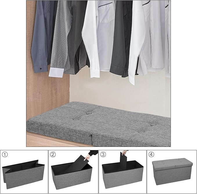 CAROLMADE 30 Inches Storage Ottoman Bench with Flipping Lid, Linen Foldable Storage Footrest, Ottoman with Storage for Living Room Holds up to 330lbs, Light Grey