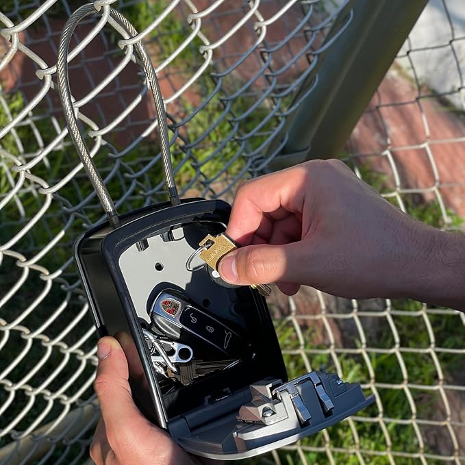 Iron Lock® Key Lock Box Portable with Cable Shackle & Wall Mount – Waterproof Heavy Duty Metal Lock Box for Keys with 4-Digit Combination Code on Door Knob, Fence, Pipe or Gate (Grey, XXL)