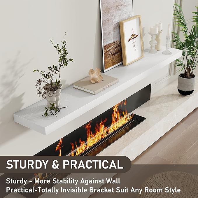 Fun Memories 55 Inch Long Floating Shelves for Wall, 8" Deep Floating Shelves for Bathroom Living Room Bedroom, Rustic Wall Mounted Shelf with Invisible Heavy-Duty Bracket, Set of 2, White