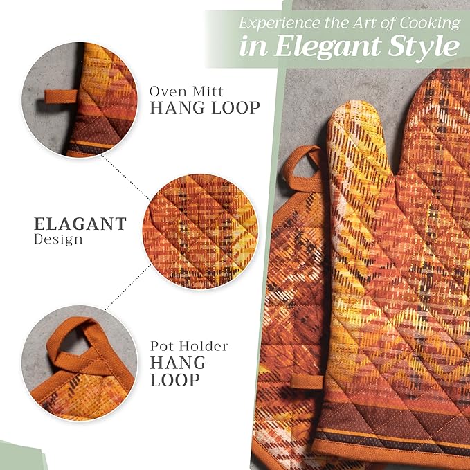 Maison d' Hermine 100% Cotton Oven Mitt & Pot Holder Set (7.5"x13" & 8"x8") Heat Resistant BBQ Cooking Gloves with Loop for Thanksgiving Christmas Decorations Handling Hot Pans (Thanksgiving Tartan)