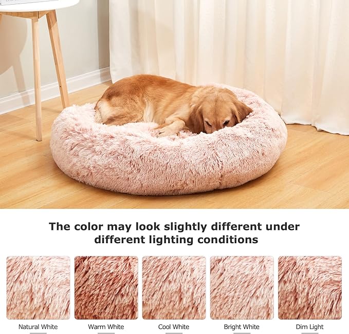 Bedfolks Calming Donut Dog Bed Cat Bed, 23 Inches Round Fluffy Dog Beds for Small Dogs, Machine Washable Anti-Anxiety Plush Puppy Bed（Pink, Small）