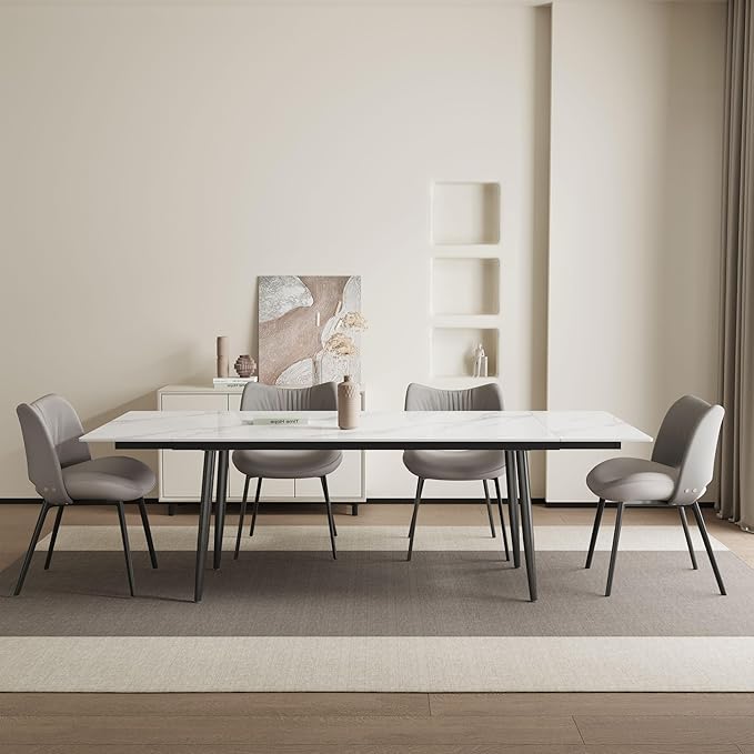Extendable Dining Table (62.9" to 94.4") for 6 to 10 - Modern Rectangular Sintered Stone Table with High Hardness and Easy Maintenance - Stylish White