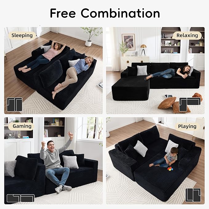 108" Boneless Couches for Living Room, Modular Sectional Sofa with Oversized Chaise, L-Shape Cloud Couch with Deep Seat, High-Density Memory Foam, No Assembly Required, Plush Corduroy Black