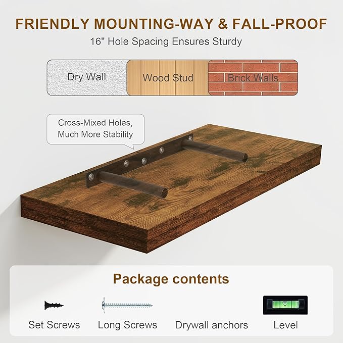 Fun Memories Floating Shelves 55 Inch Long, 8 Deep Floating Shelves for Wall, Large 55 x 8 Display Shelves for Living Room, Kitchen, Wood Deep Wall Shelves for Home Storage, Rustic Brown, 1 Pack