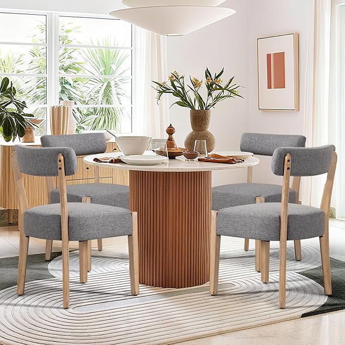Dining Chairs Set of 4,Mid-Century Modern Wooden Kitchen Chairs with Linen Upholstery - Low-Back Woven Design for Kitchen & Dining Room,Grey Fabric
