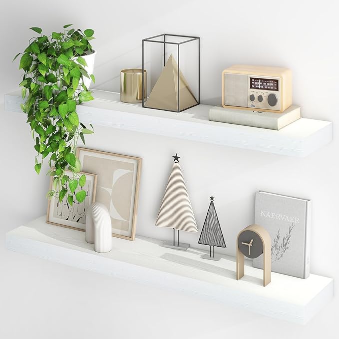Fun Memories Floating Shelves for Wall, 40Inch Floating Shelves Set of 2, Hanging Shelf with Invisible Brackets, Wood Shelves for Living Room, Bedroom, Kitchen, White