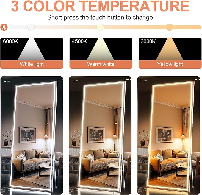 Full Length Mirror with Lights, 71" x 24" LED Lighted Floor Standing Mirror, Tempered Glass, Square White