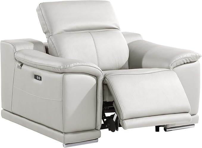 Blackjack Furniture Venice Top Grain Italian Leather Power Recliner Chair with Adjustable Headrest Modern Luxury Seating for Living Room Lounge, Light Grey