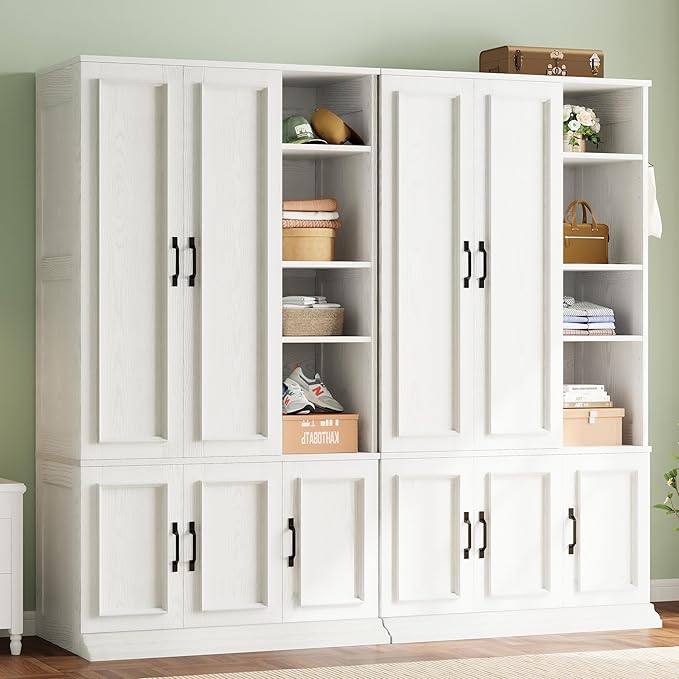 LIKIMIO Armoire Wardrobe Closet 70" H, 5 Doors Bedroom Wooden Wardrobe with 4 Storage Shelves and Hanging Rod, Clothing Storage Cabinet Organizer Combination, White