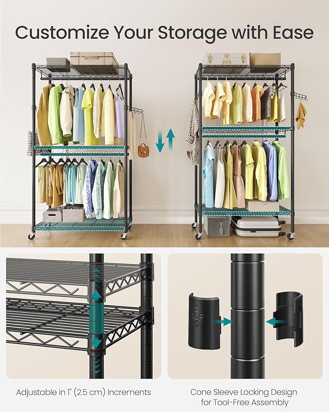 SONGMICS Heavy-Duty Rolling Clothes Rack, Garment Rack, Portable Closet, 35.4-Inch Wide Clothing Rack on Wheels, with Adjustable Mesh Shelves and Hanging Rails, Hooks, Ink Black ULGR413B01