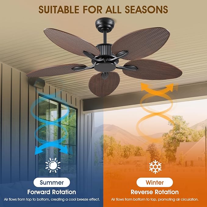 50 Inch Tropical Ceiling Fan no Light, Outdoor Waterproof Palm Leaf Ceiling Fans for Patios Porches, Remote +APP Control, Wet Rated, 6 Speeds, Quiet, Dark Brown