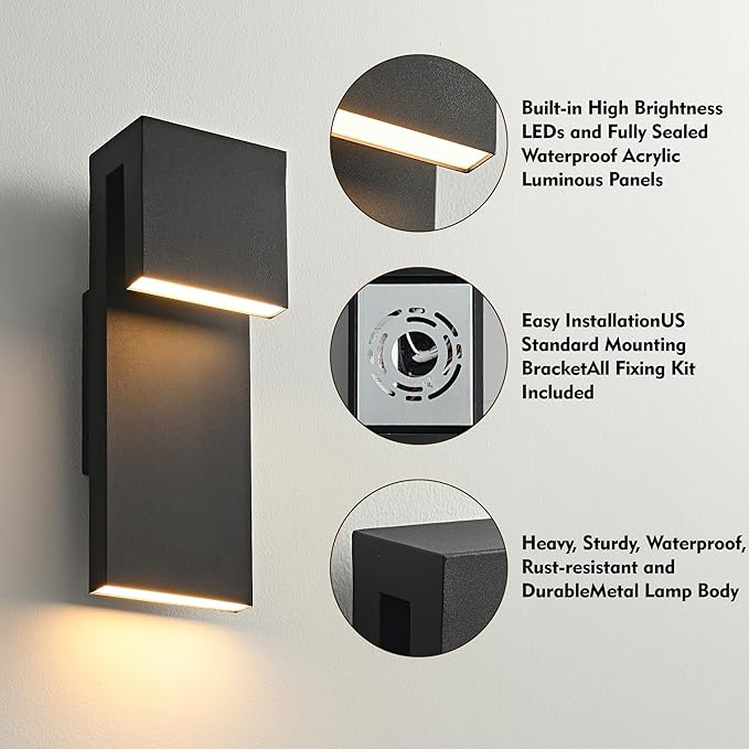 Modern LED Outdoor Wall Light 3000K 18W IP65 Waterproof Integrated LED Outdoor Wall Sconce Anti Rust Black Porch Lights Exterior Lighting Outside Lights Fixture for Garage,Balcony,Backyard 2PACK