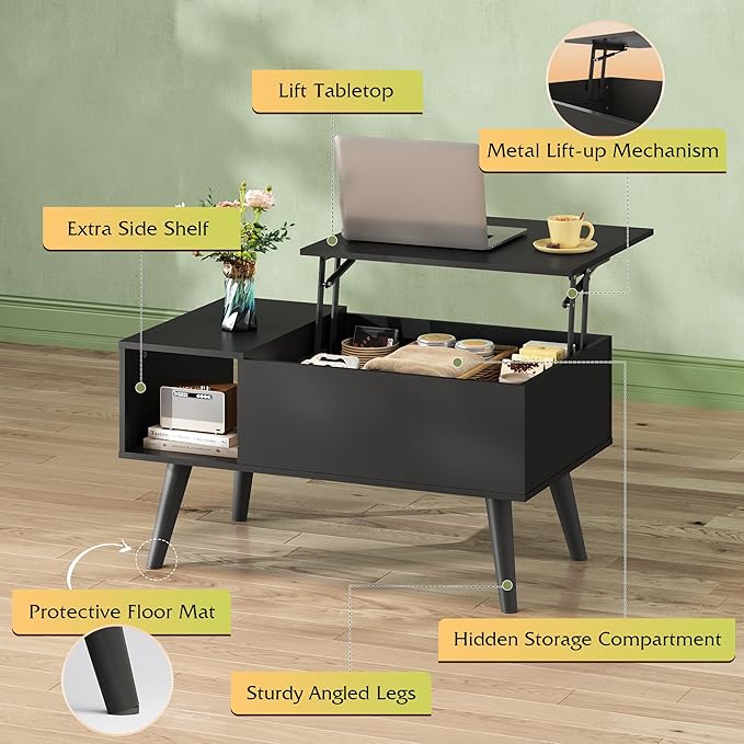 WLIVE Coffee Table for Living Room, Small Coffee Table with Storage, Lift Top Modern Wooden Dining Center Table with Storage Shelf & Hidden Compartment, 31.5" Black