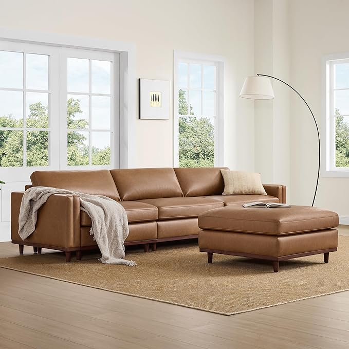 CHITA 118" Super Large Luxury L Shape Convertible Sectional Modular Sofa, FSC Certified Down Filled Modern Sofa with Ottoman, Deep Seat Cloud Couch, 4 Seat Couch, Solid Wood Leg, Faux Leather in Camel