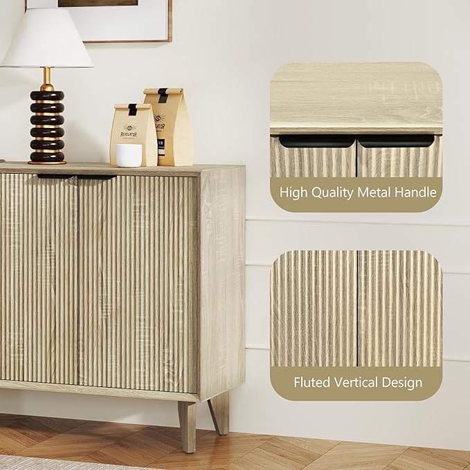 Fluted Cabinet with Storage, Buffet Storage with 4 Doors, Buffet Sideborad Accent Cabinet with Adjustable Shelves for Living Room, Kitchen, Entry, Hallway, Natural