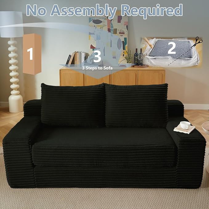 70.87" Loveseat Sofa Bed - Corduroy Upholstered, Comfy Deep Seat & Modern Design - Small Space Friendly, No Assembly Needed - Ideal for Living Room, Bedroom, Apartment, Home Office,Black