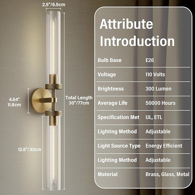 Brass Wall Sconces, 30in Gold 2-Light Double Glass Sconces Wall Lighting, Bathroom Knurled Vanity Light Sconces, Wall Lights for Living Room Bedroom（Including Bulb）