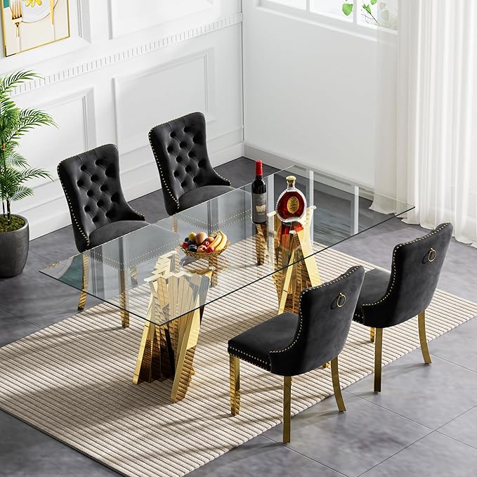 Goujxcy 70" Glass Dining Table Set for 4, Modern Gold Dining Table Set with 4 Black Velvet Upholstered Dining Chairs, 5 Piece Kitchen Dining Room Table Set with Stainless Steel Legs