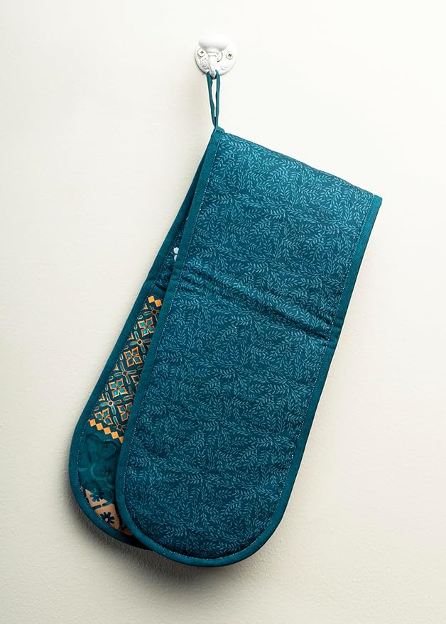 Maison d' Hermine Double Oven Mitt (7" x 35") 100% Cotton Heat Resistant BBQ Cooking Gloves with Loop for Thanksgiving Christmas Decorations Baking Cooking Handling Hot Pan (Luxury Loft - Dark Teal)