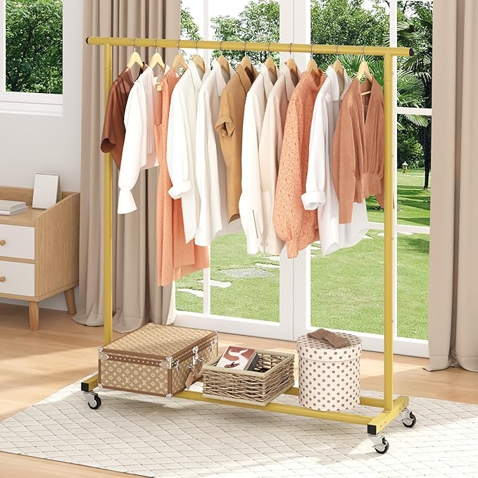 Buzowruil Metal Rolling Clothing Rack Adjustable Freestanding Garment Organizer with Wheels, Space-Saving Design for Home, Closet, Office, or Retail, Gold